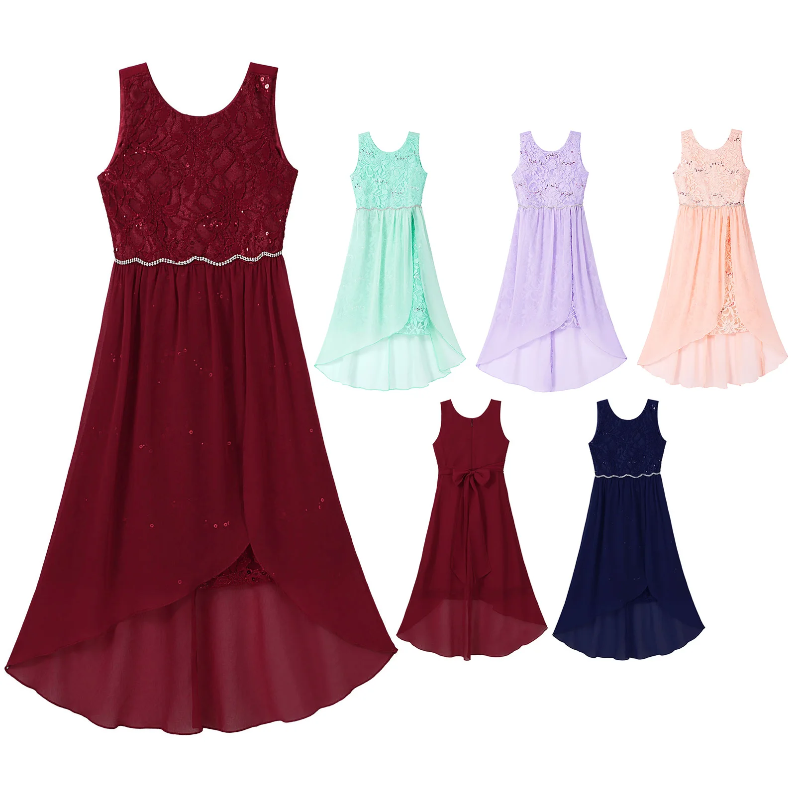 Teens Girls Lace Chiffon Maxi Party Dress Sequin Rhinestone Formal Princess Dress Birthday Pageant Wedding Bridesmaid Dresses