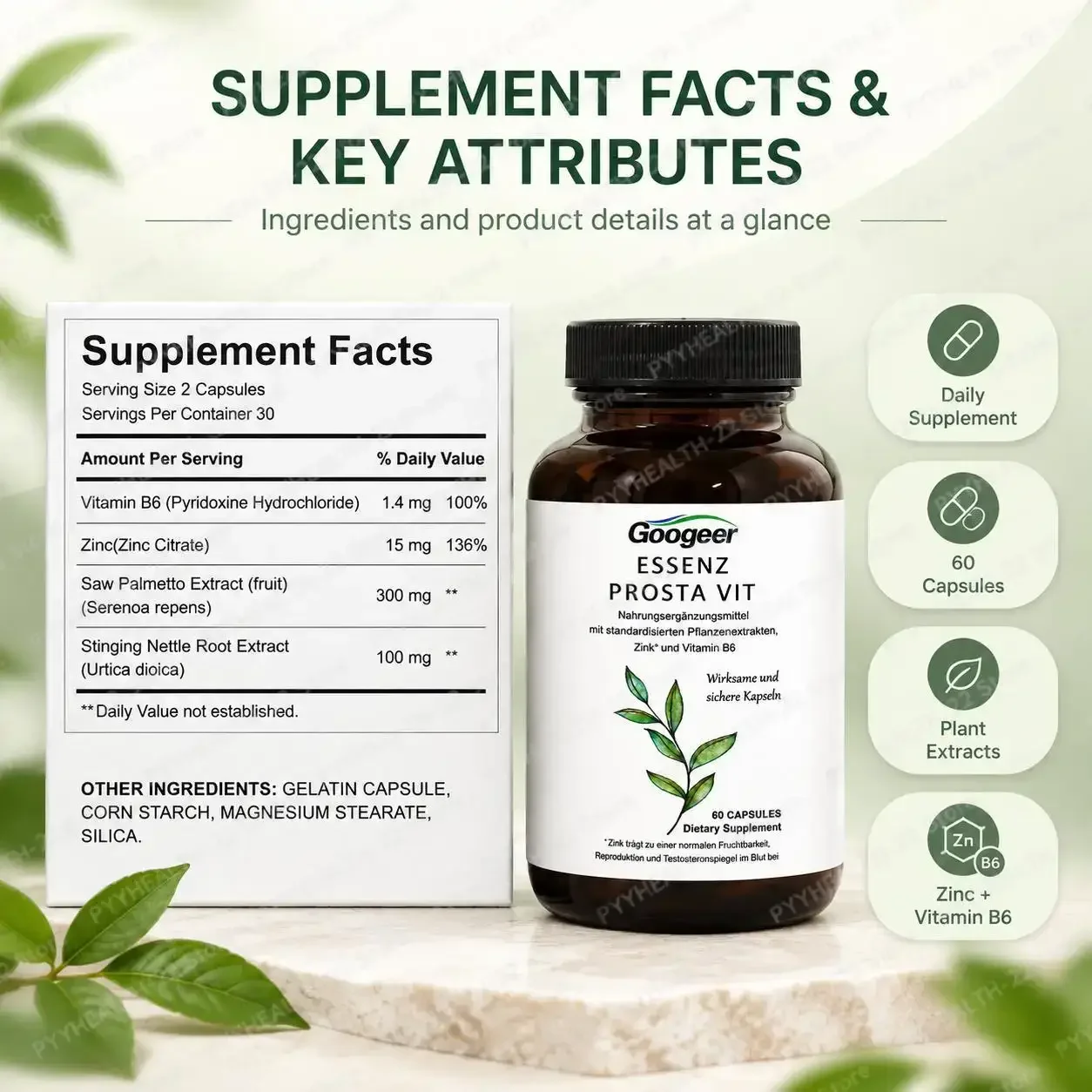 Prostate Support Capsules,Bladder Comfort & Urinary Wellness, Saw Palmetto Stinging Nettle Root Zinc Vitamin B6, 60 Capsules
