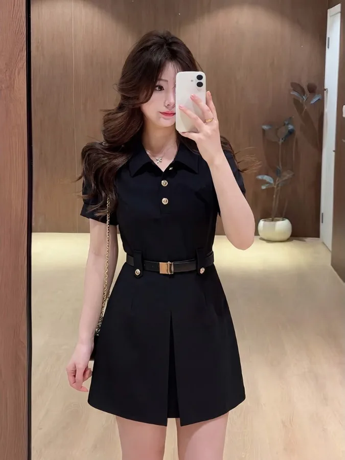 

plus Size Hepburn Style Short Sleeve Black Dress Slimming A-Line Dress High Waist Suit Korean Commute Style Polyester Fiber
