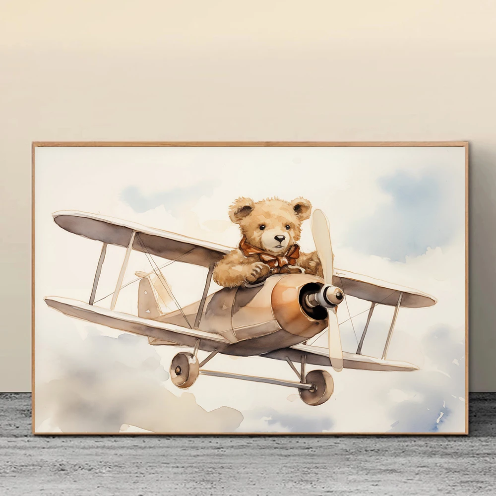 تيدي بير الطائرة الطائرة الزرقاء شاحنة المراكب الشراعية قماش اللوحة الحضانة المشارك طباعة جدار صورة فنية لغرفة المعيشة ديكور المنزل