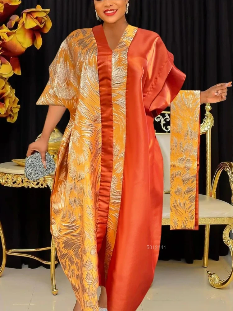 

African Heavy Industries gold silk jacquard splicing loose robe with headscarf large size robe dress for women V-Neck Kaftan