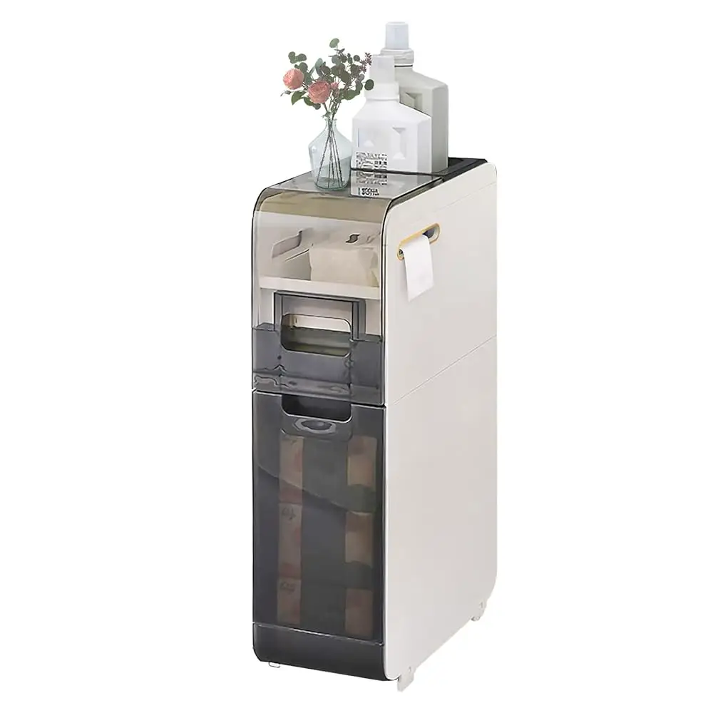 

Small Bathroom Standing Storage Cabinet Waterproof 6.69″ Narrow Slim Gap Organizer 2-Tiers Side Rolling Unit With Clear Drawers