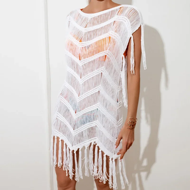 2025 New Beach Cover Up Bikini Crochet Knitted Tassel Tie Beachwear Summer Swimsuit Cover Up Sexy See-through Beach Dress White