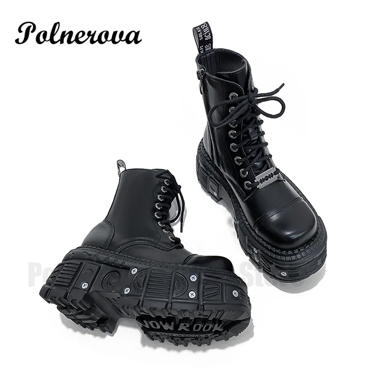 Black Lace-Up Punk Knight Boots New Platform Elevation Ankle Boots Winter High Top Casual Boots Comfortable Breathable Shoes