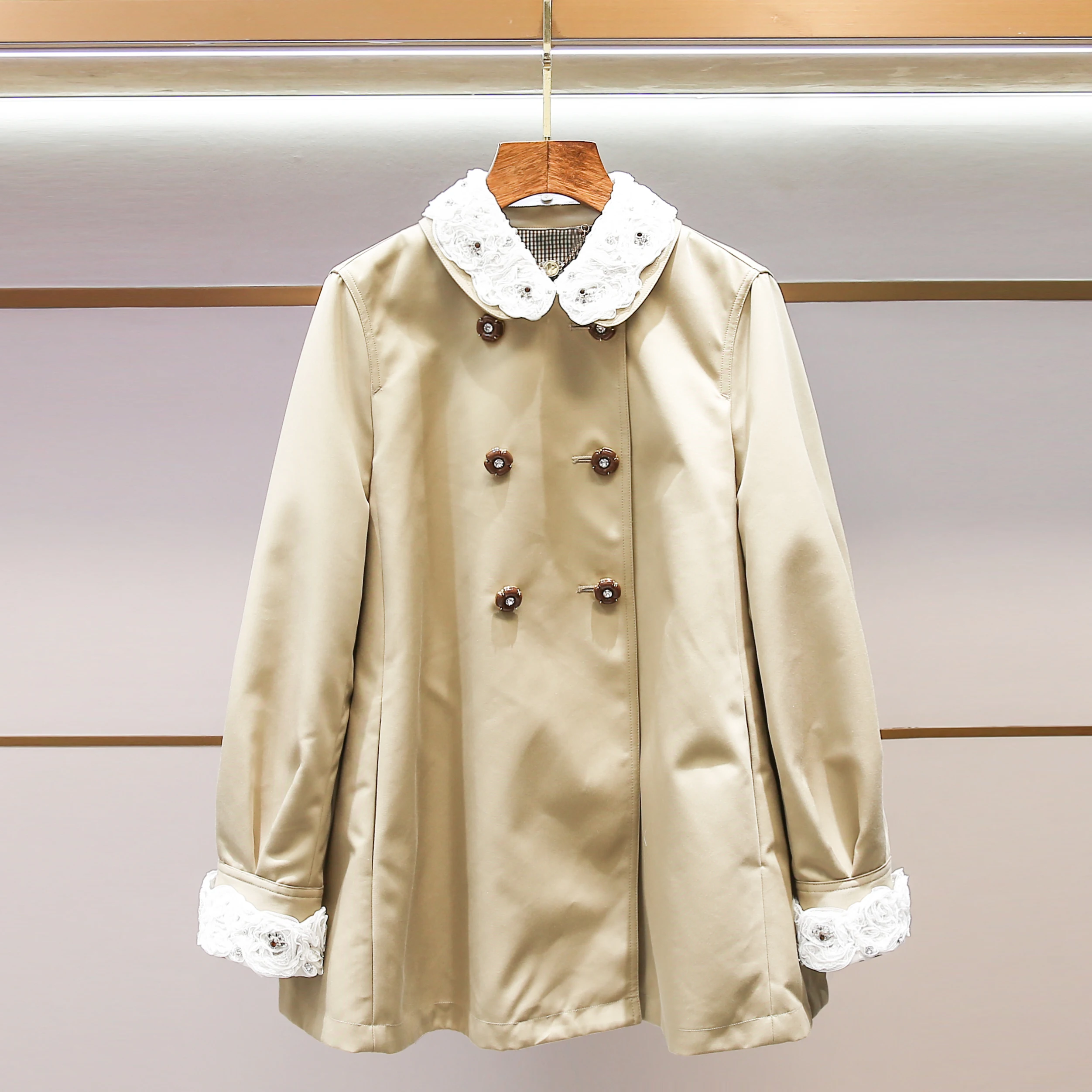 

I Цветное женское пальто с кружевным воротником, весенне-осеннее новое пальто Sweet Sle, японский свободный крой, длинный слот на пуговицах све