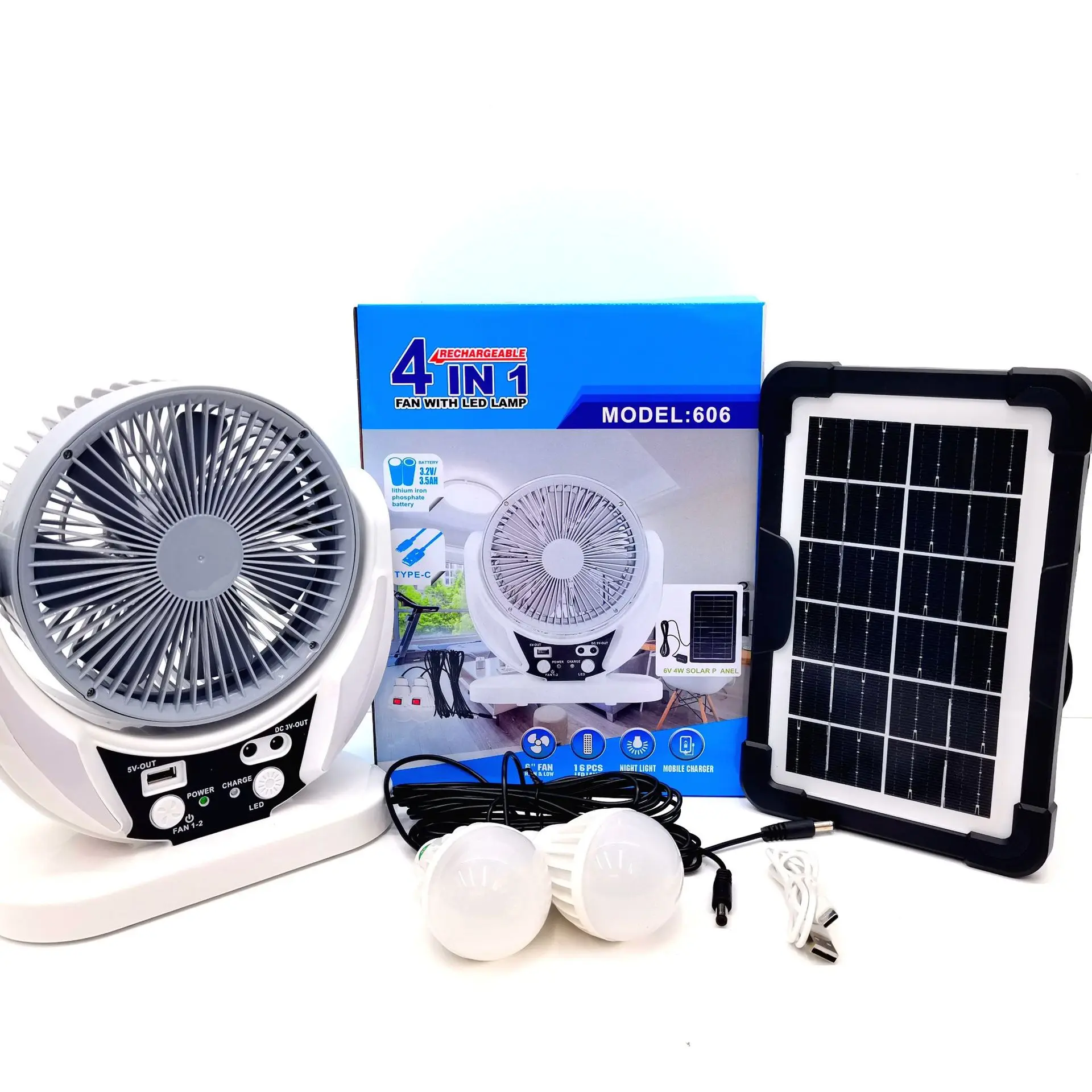 Solar charging fan manufacturer, hot selling outdoor household foreign trade LED tabletop fan, 6-inch tabletop fan