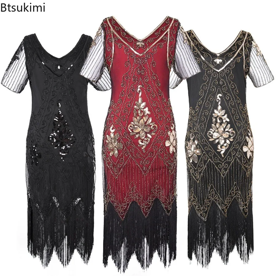 Retro 1920s V Neck Beaded Sequin Tassels Short Sleeve Dresses Party Dance Costume Vintage Style Fashion Gala Clothing Plus Size