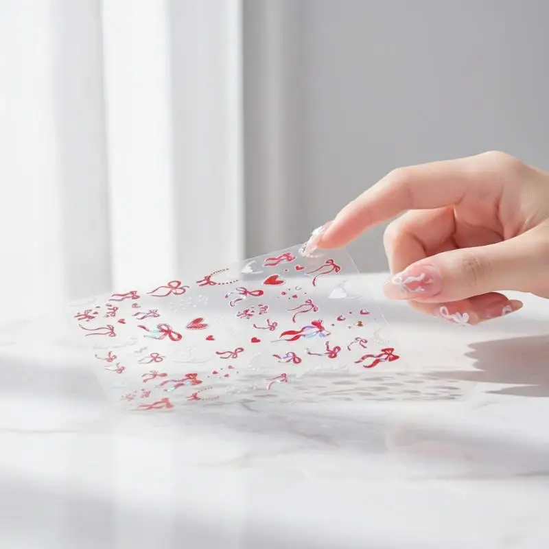 Ribbon Heart Nail Stickers 3D Bow Heart Pearl French Nail Sliders Decoration