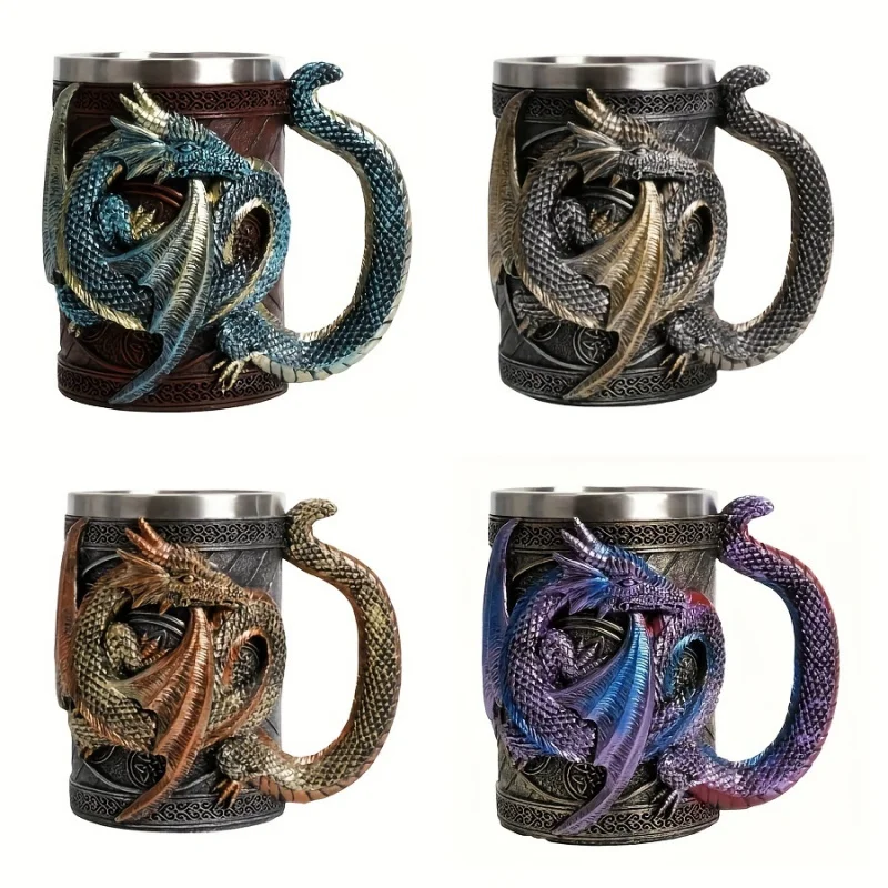 A Retro Creative3DRelief Dragon Beer Steins，Lined Stainless Steel，The Shell Is Resin，Decorative Coffee Cup，Multifunctional Fashi