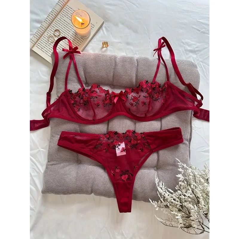 Noite linda sexy feminina 2 peça floral bordado roupa interior sexy lingerie erótica conjunto lingerie sexy de femmes 2025