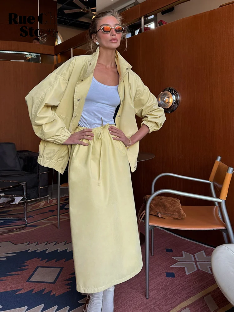 

Milk Yellow Commute Skirts Set Women Casual Solid Drop Shoulder High Waist Long Skirt Suit 2026 Fall Street Shopping Trendy Wear