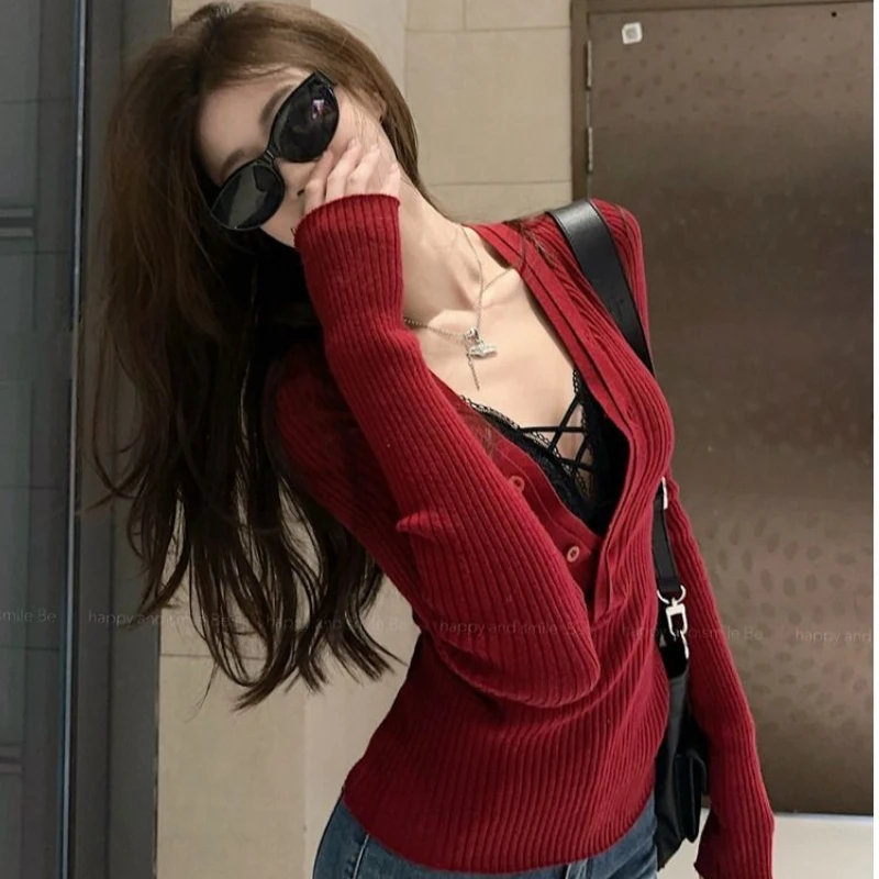 DAYIFUN Women's Two-piece Red Sweaters Sexy Female's Half Open Deep V-neck Slim Tops Korean Fashion Autumn Long Sleeved Clothing