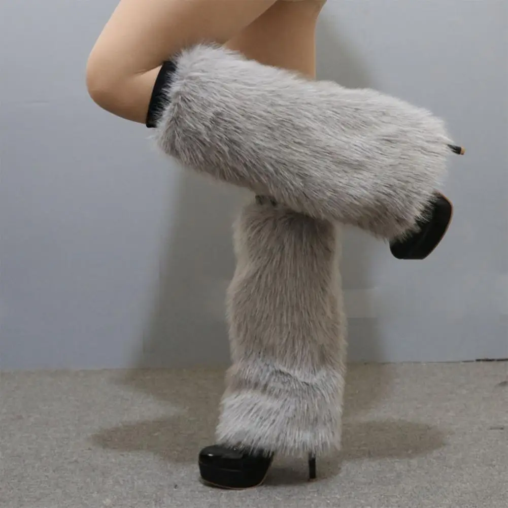 1 Pair Women Leg Warmers Solid Color Imitation Fox Fur Elastic Furry Boot Covers Warm Lightweight Knee-length Long Socks