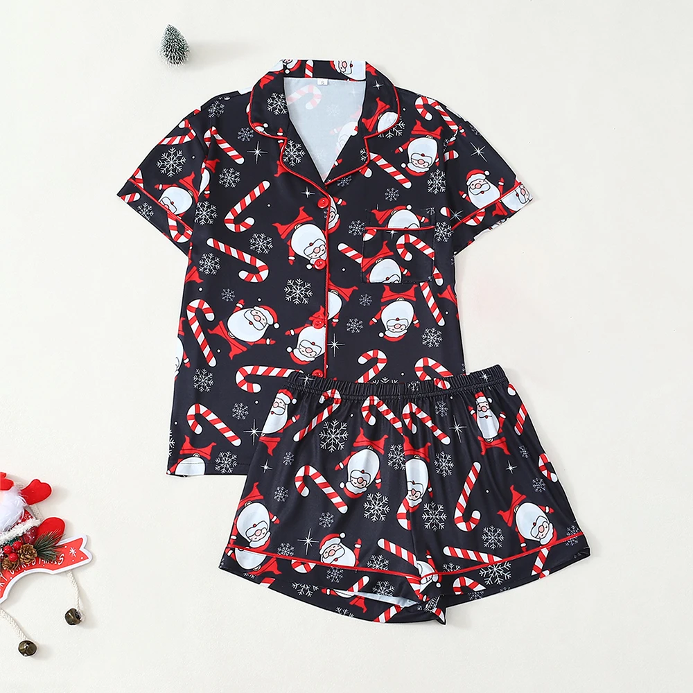 

2Pcs Christmas Pajamas For Women Fashionable Button Up Short Sleeve Loose Shorts Set Cute Soft Sleepwear Casual Loungewear