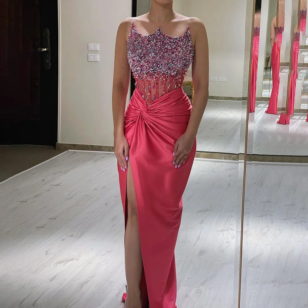 Serene Hill 2025 Customized Arabic Fuchsia Strapless Side Split Beaded Mermaid Evening Gown for Formal Occasion LA72671