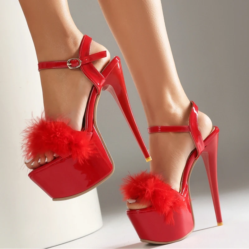 Sexy Summer Shoes Sandals for Women Platform Fashion Feather Black Red White Party Shoes Footwear Large Size 47 16cm High Heels