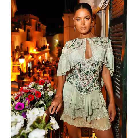 ROSEINTHEBOX Sage Chiffon Ruffled Mini Dress Spaghetti 2 in 1 Straps with Capelet A-line Beaded Crystal Evening Dress Customized