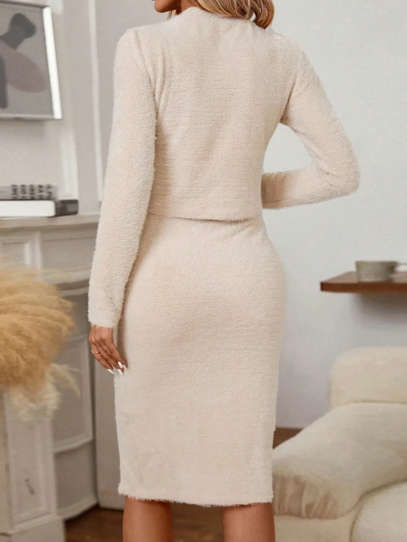 Women's Spring/Fall Solid-Color Fleece-Like Long-Sleeve Top and Slit Skirt Set