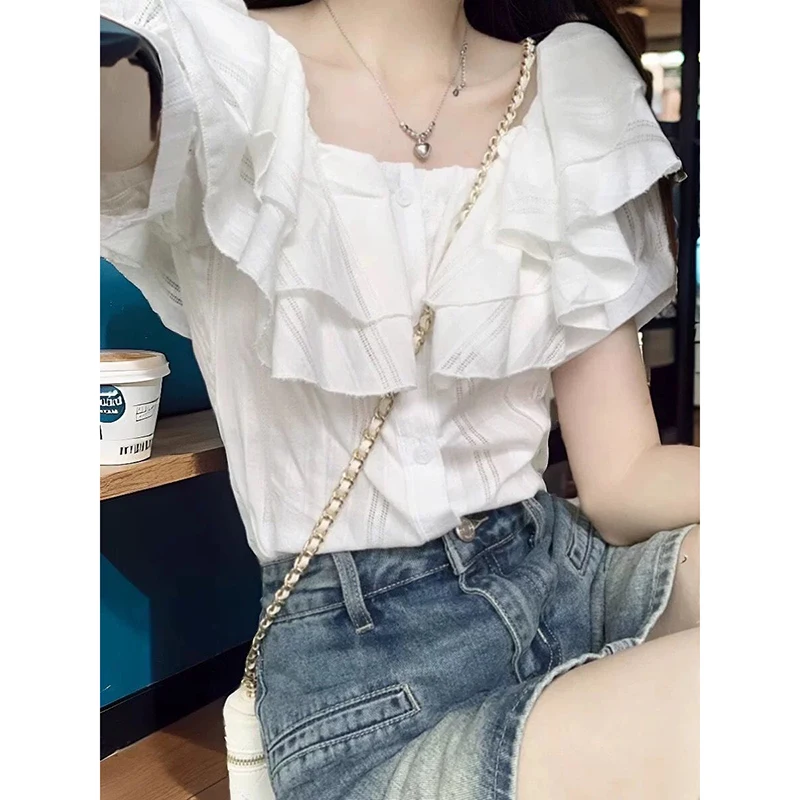 Stunning One-oulder Ruffle Sve irt Women's Slim Fit Sweet Sli Summer Top Korean Sle Commute Faion Pure Color