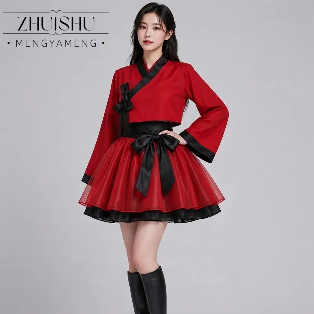 Modern Contrast Color Short Concert Hanbok V Neck Korean Photo Shoot Performance Dress Customized 2 PCS Jacket Mini Dress