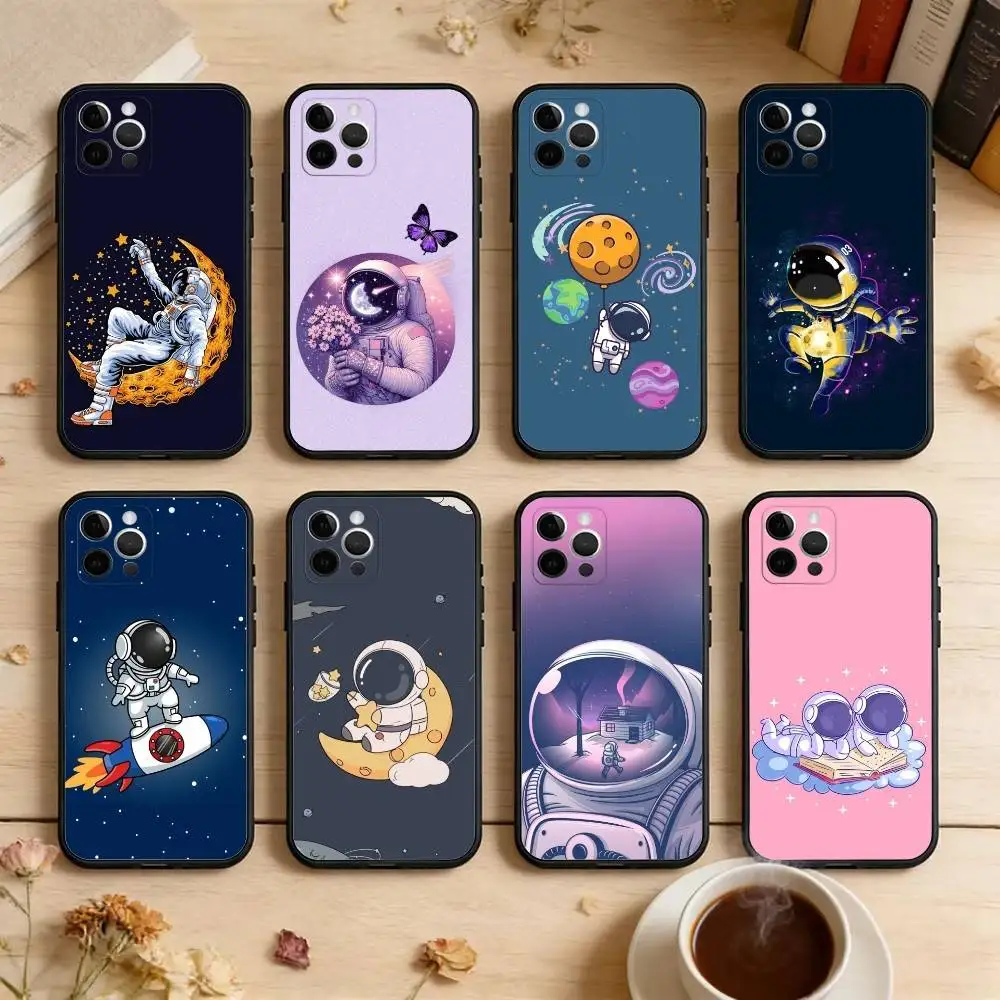 

Cute Cartoon Astronaut Phone Case For iPhone 17,16,15,14,13,12,11 Plus,Pro Max,XS,Soft Silicone Black Cover