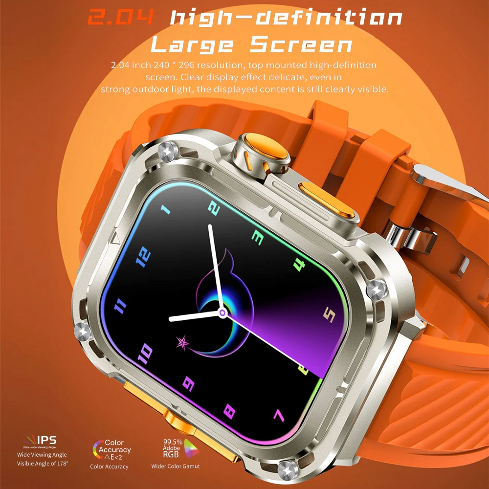 Smartwatch all'aperto Impermeabile 2.04 "Smart Watch da uomo Controllo dei gesti Blue Tooth Call Sport Fitness Orologi Bussola Frequenza cardiaca