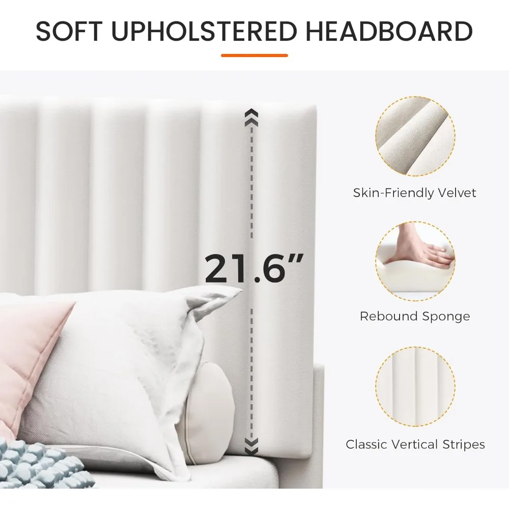 إطار سرير بمنصة كوين مغطاة بالمخمل مع لوح رأسي ودعم شرائح خشبية وأساس مرتبة صامتة