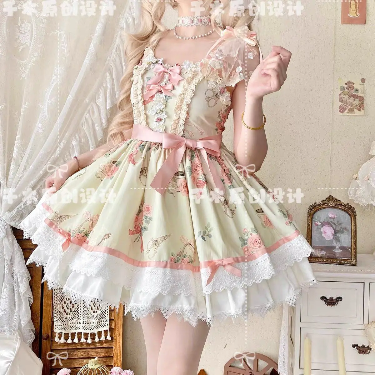 

Coalfell【Утренняя роза 】 Пушистая юбка Лолиты с принтом на подтяжках, милое короткое платье Jsk Lolita для женщин