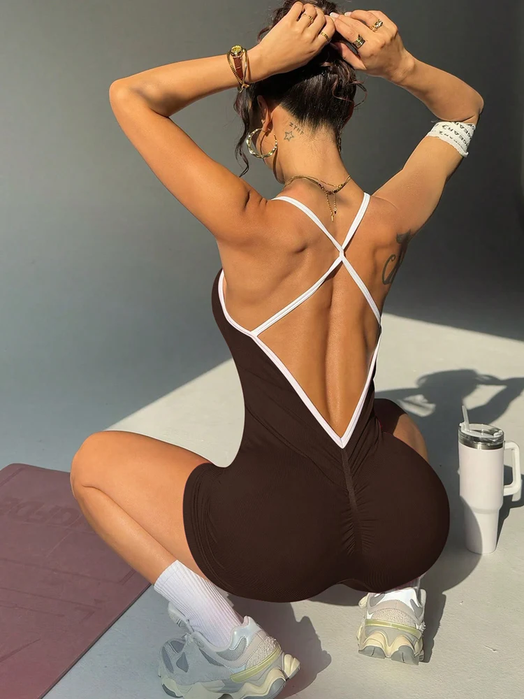Sommer-Workout-Jumpsuit für Damen, ärmellos, sexy, mit überkreuztem Rücken, einteiliger Scrunch-Gym-Bodysuit, Yoga-Jumpsuit, Shorts-Outfit