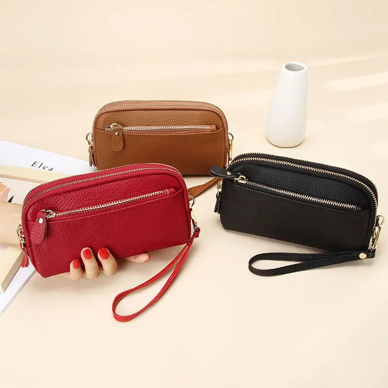 Genuine Leather Women Double Zip Wallet 2024 new Ladies Clutch Purse Cowhide Wristlet Bag Coin Purse Fashion Mobile Phone Bags