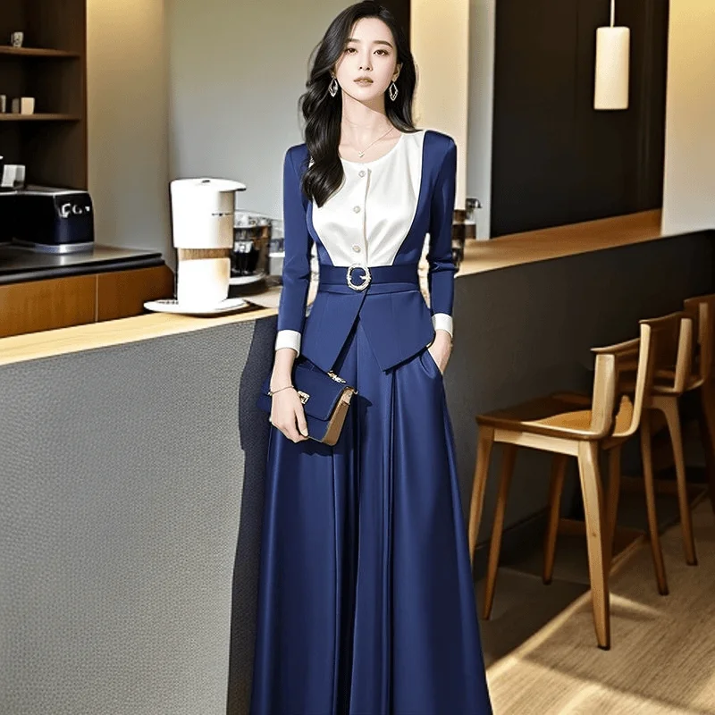 Lente 2025 Nieuwe Elegante Damespak Franse Mode Single Berasted Jas Top Met Riem + Wijde Pijpen Broek 2-delige Set Kantoor OL