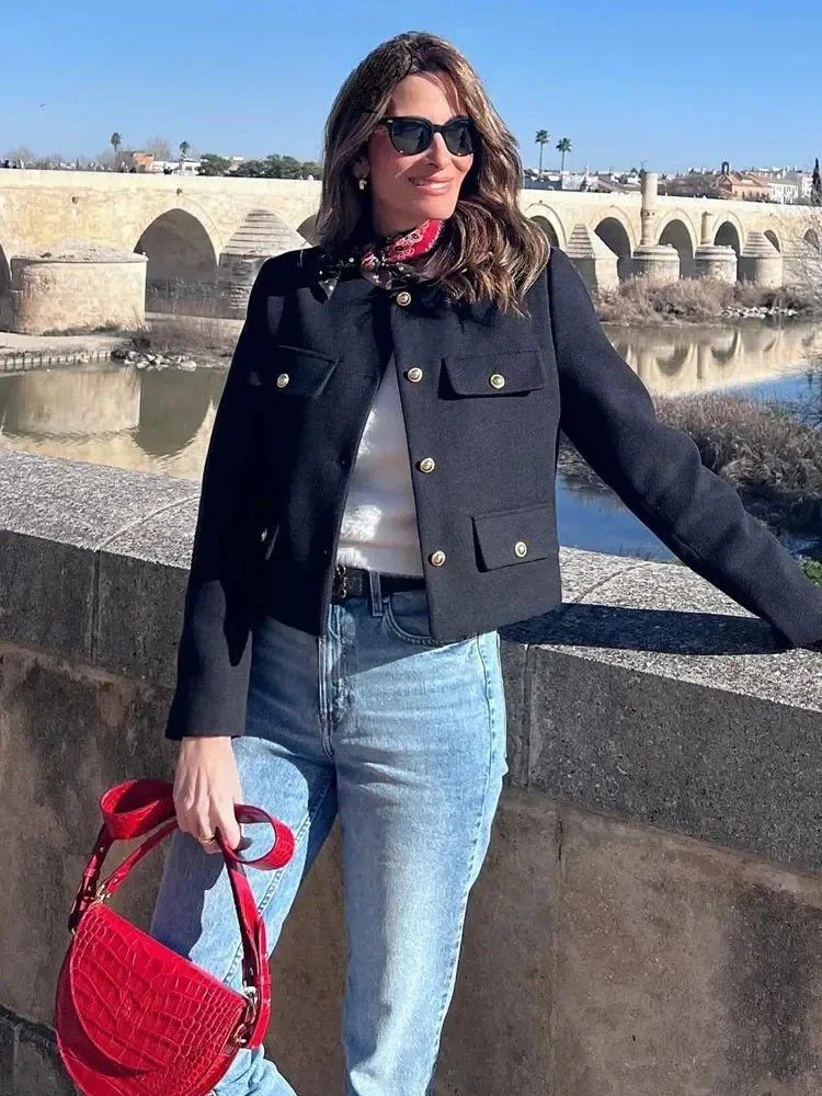 

Women Elegant Cropped Jacket 2024 Women's Fashion Jacket O-Neck Long Sleeved Flip Pocket Coat Female Casual Outwear Tops