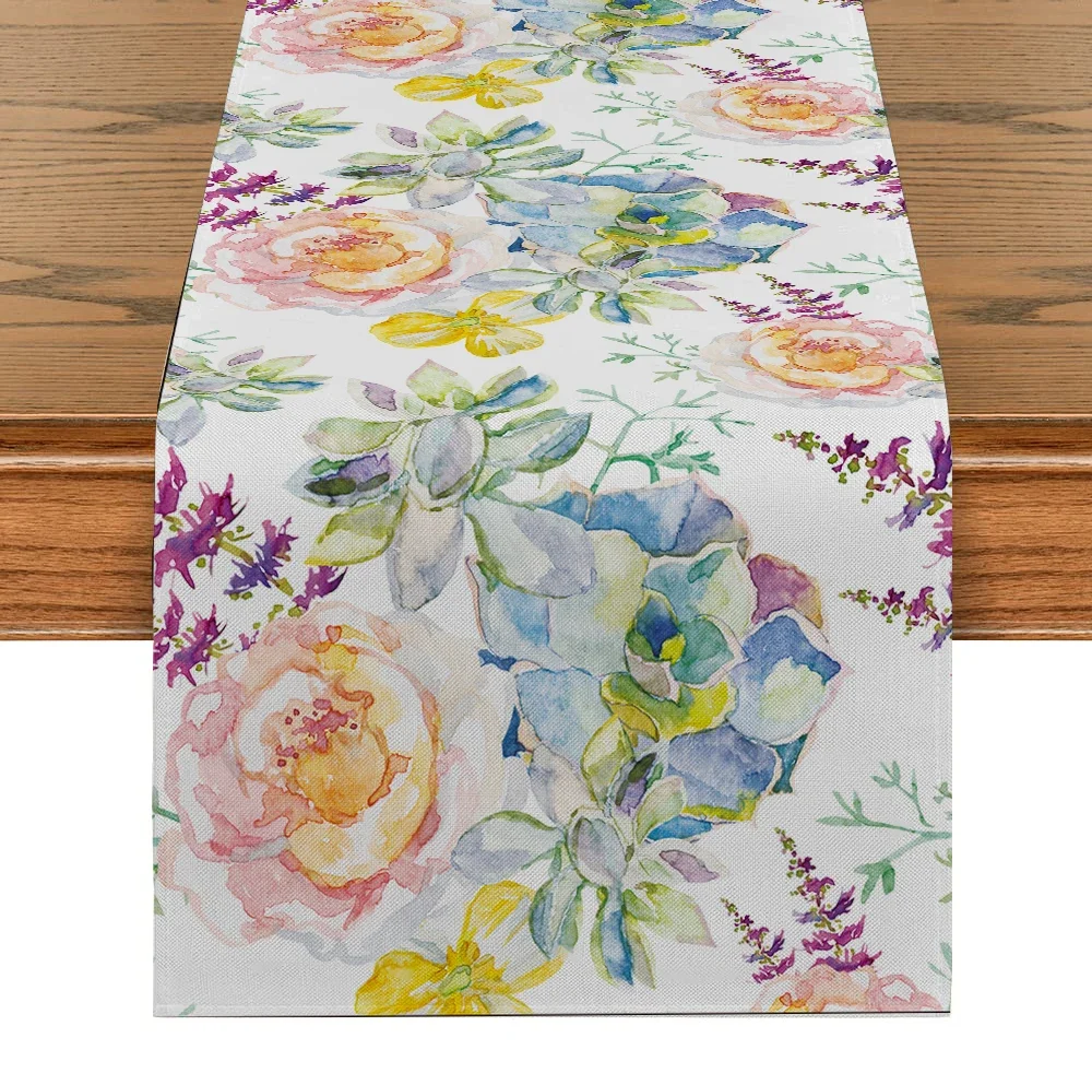 Watercolor Style Table Runner Home Kitchen Table Decoration Plant Floral Tablecloth Dresser Party Dinner Decoration