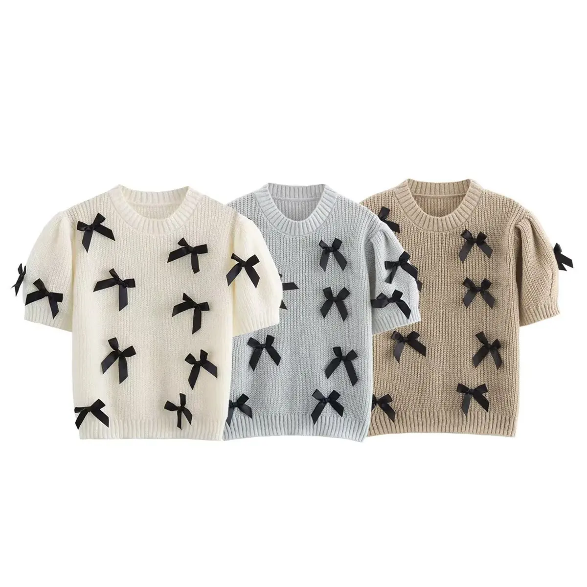 

Cross-border European and American Women's AliExpress INS Explosions White Bow Short-sleeved Sweater