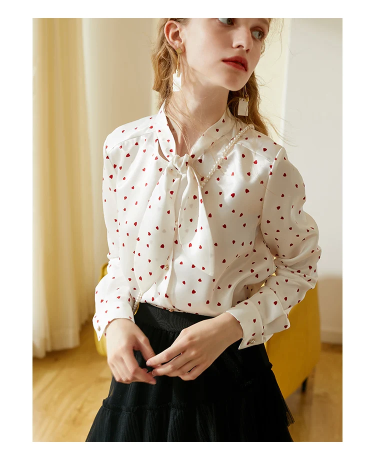 OLrain Woman Elegant Shirts Satin 2025 Autumn Vintage Bow Polka Dot Long Sleeve Blouse Office Slim Printed Woman Tops M56QC25063