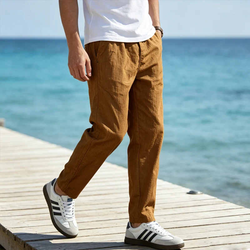 Men's Linen Pants High Waist Elastic Straight Leg Slim Fit Soft Breathable Lightweight Casual Trousers For Men Summer Daily Wear