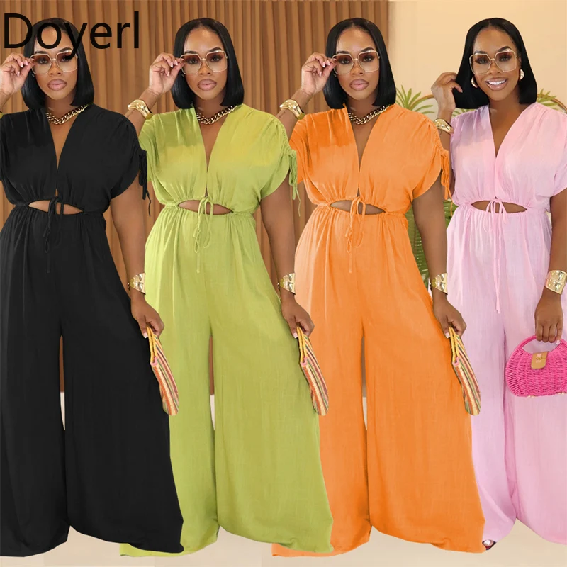 Doyerl Feste Beiläufige Breite Bein Overall Frauen Sommer Kleidung V-ausschnitt Kurzarm Aushöhlen Lose Strampler Einteilige Overalls