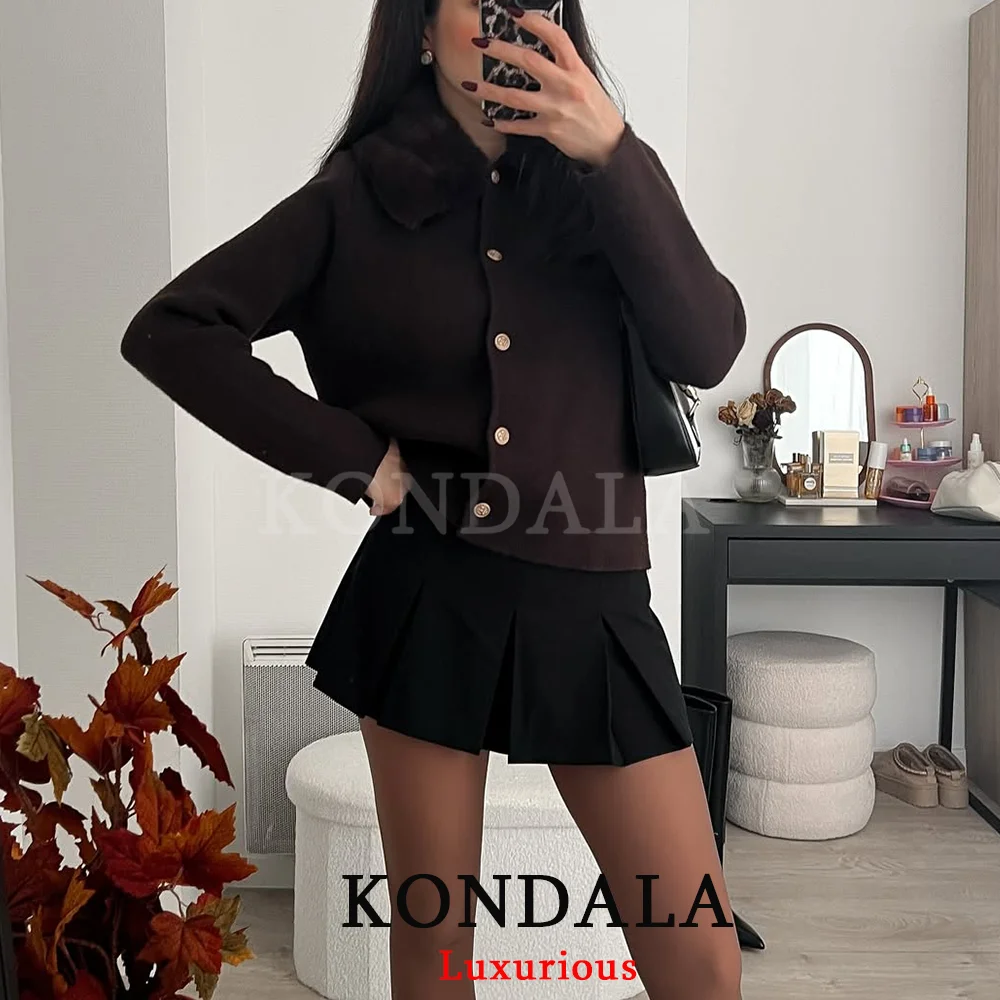 KONDALA Casual Chic Chocolate Brown Women Cardigans Gold Button Fur Collar Knit Sweater Fashion 2025 Autumn Winter Thick Outwear