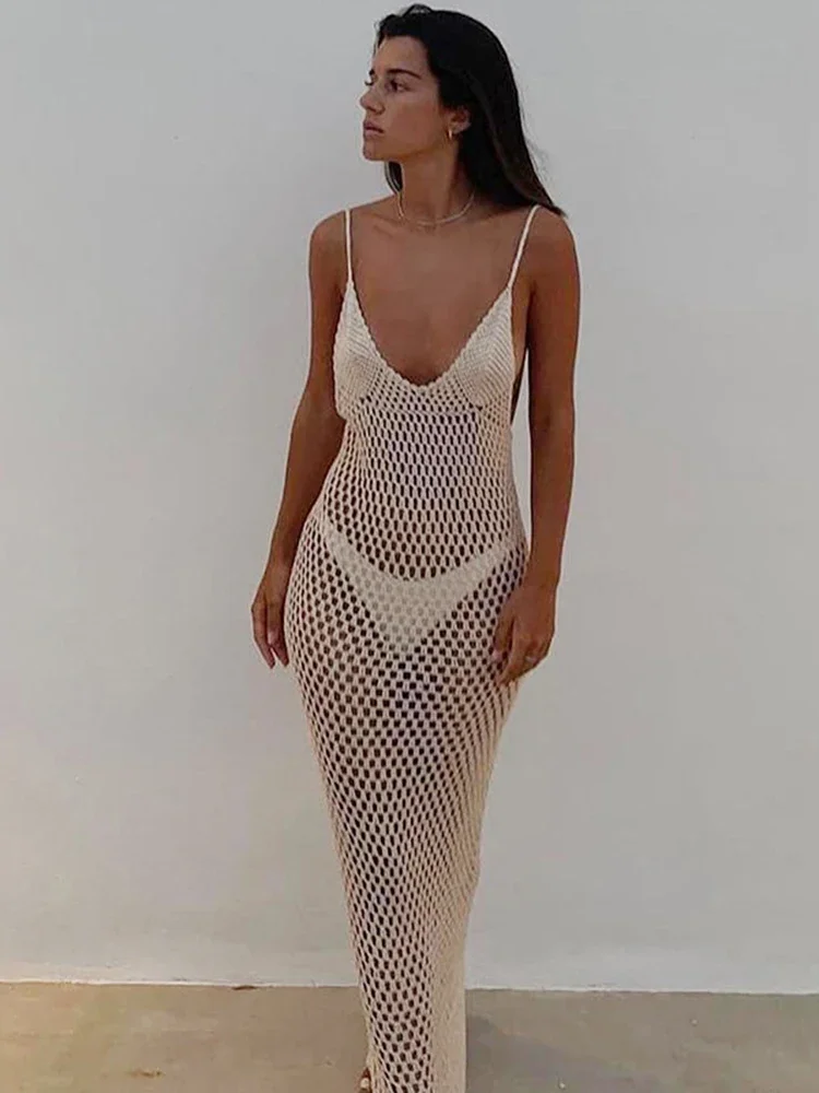 Nuevo Bikini Cover-Ups mujer playa cubrir ahuecado ver a través de espalda descubierta sin mangas moda de verano mujer vacaciones ropa de playa