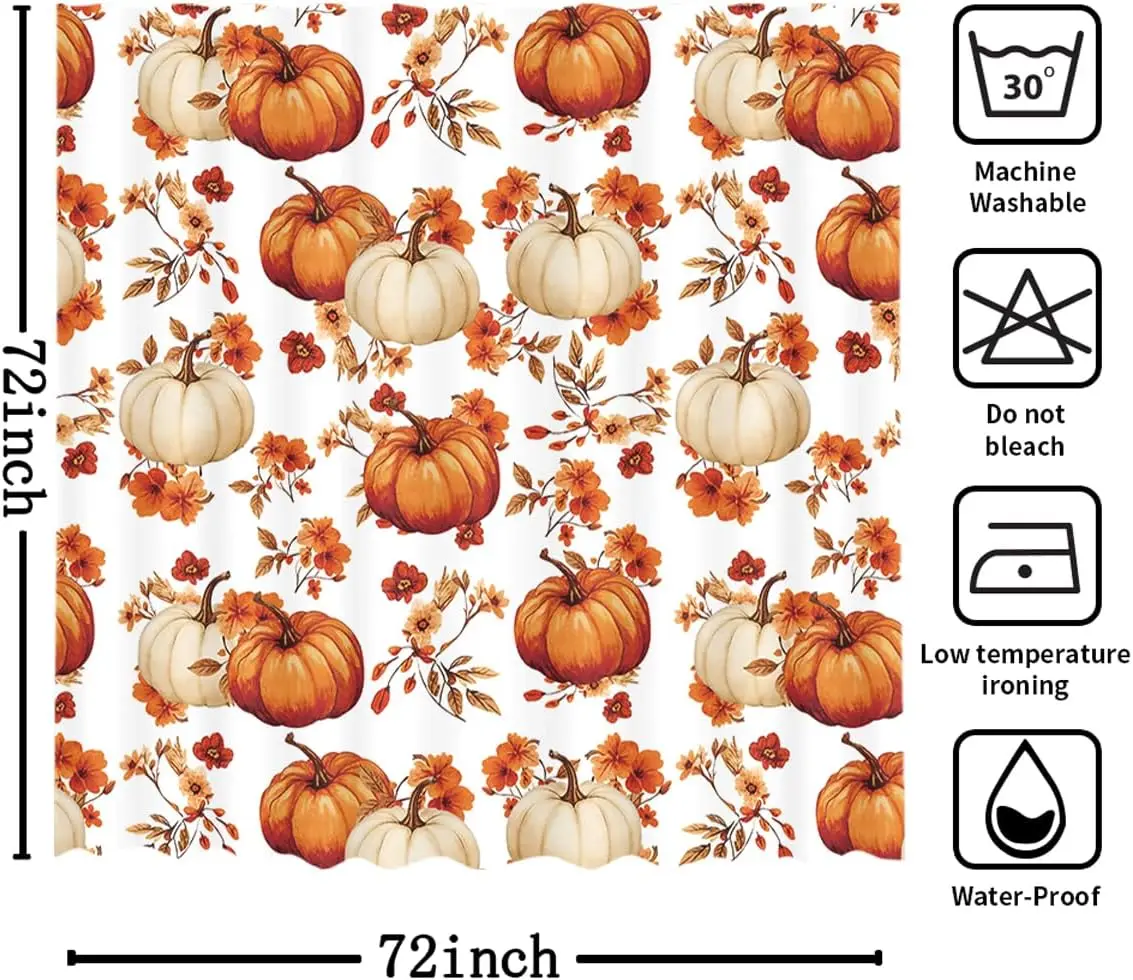 Fall Pumpkin Floral Shower Curtain Farmhouse Harvest Bath Curtain