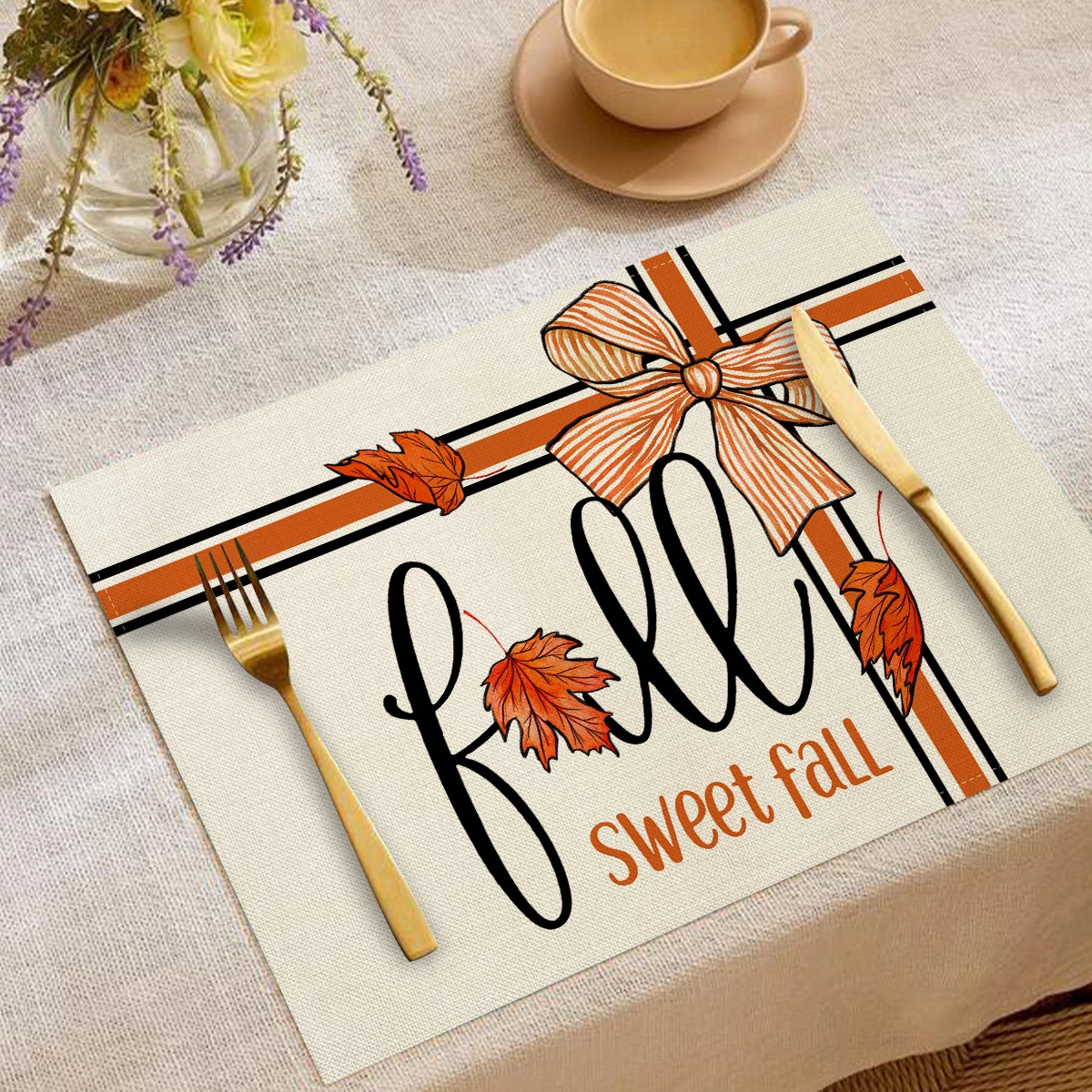 VIKAMA Hello Pumpkin Fall Linen Square Placemats, 6 Assorted Designs, Non-Slip Washable Dining Table Mats