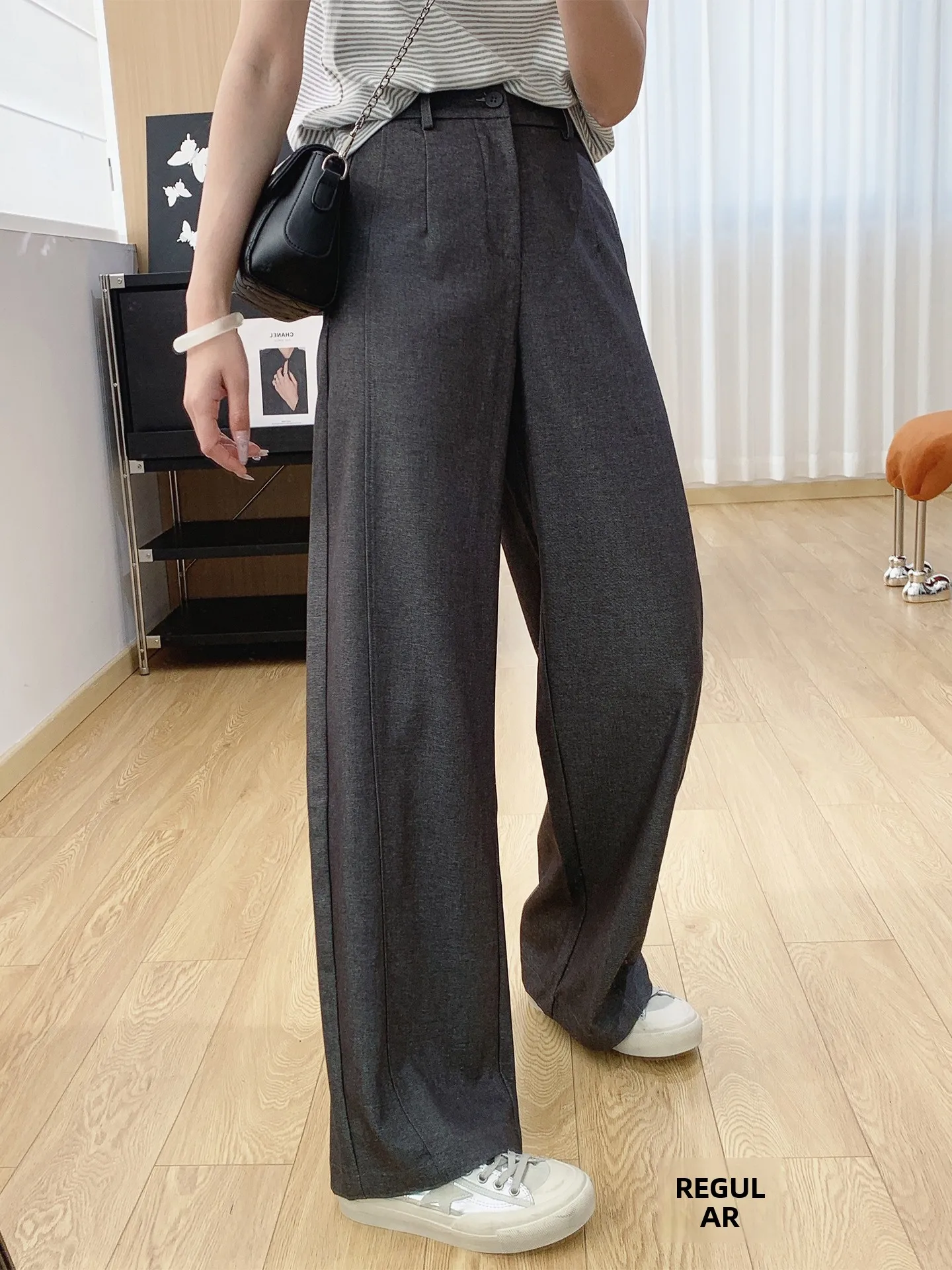 

Spring Women's High Waist Straight Leg Wide Leg Pants Elastic Waist Loose Fit Casual Trousers Polyester Blend Comfortable