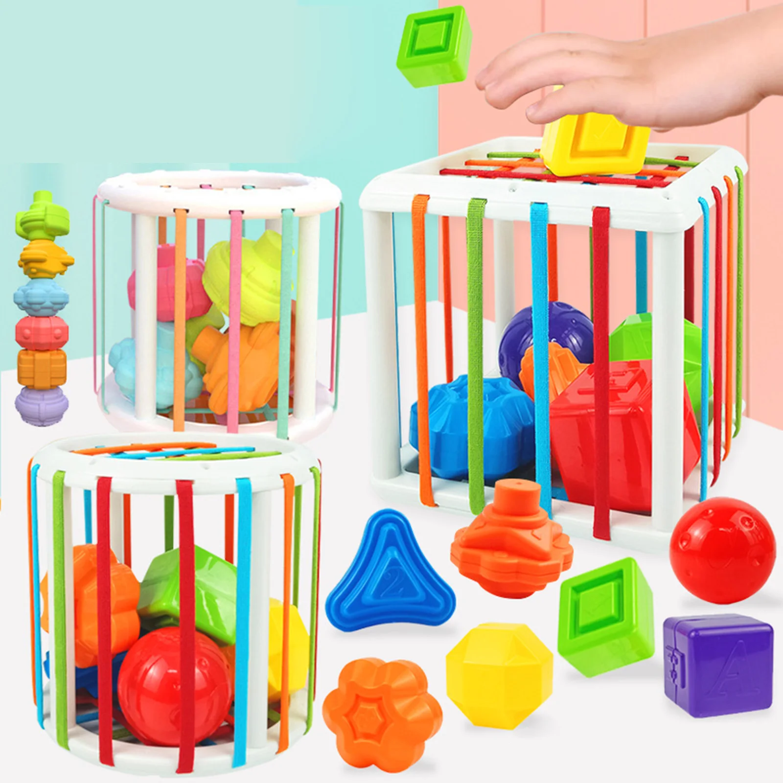 Activity Cube Bin Educational Montessori Toy with Sensory Shape Blocks for Baby Age 1 2 3 Children Boys Girls Birthday Gifts