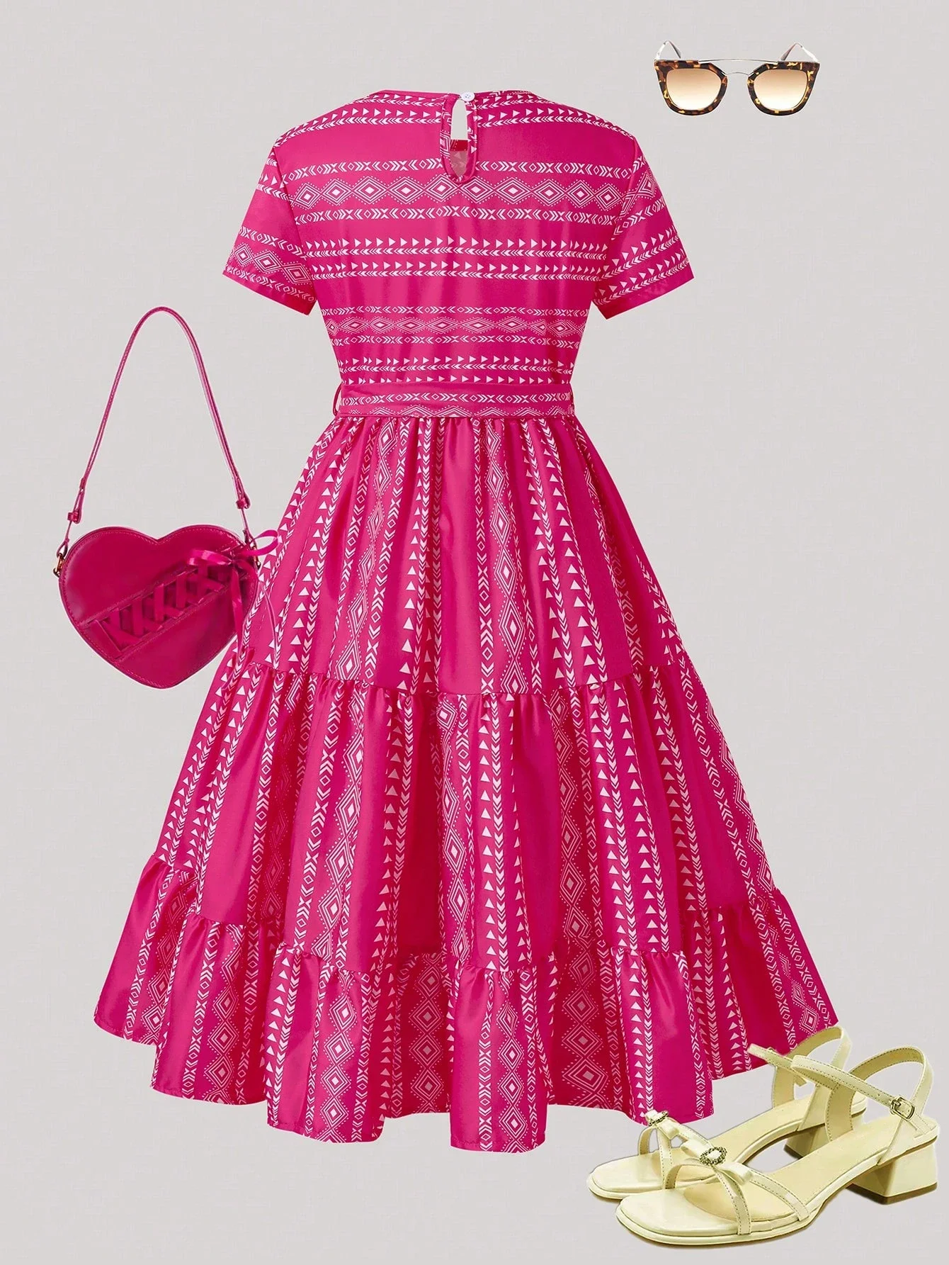 

Розовое платье миди А-силуэта с геометрическим принтом и поясом, повседневное летнее платье в богемном стиле