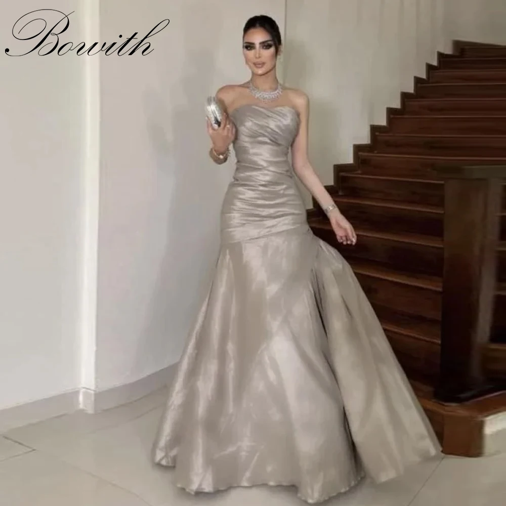 

Bowith Mermaid Silvery Evening Dresses Customized Women Prom Dresses Strapless Silk Organza Party Dresses Special Occasion