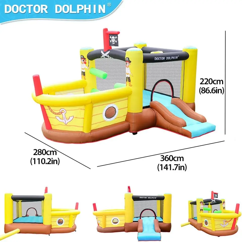 Toboggan gonflable Bounce House avec Obstacles, souffleur, thème de bateau pirate, fosse à balles, cerceau de basket-ball, videurs gonflables pour