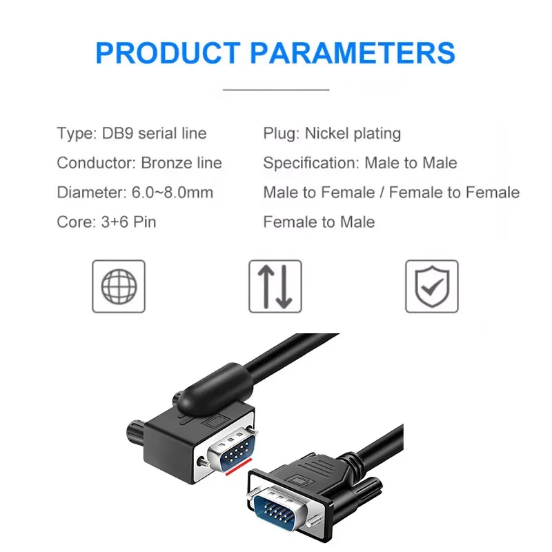 RS232 DB9 Elbow Serial Port Cable Male to Female Extension Data Wire Black PVC Com Left Elbow Data Line for Computer Display