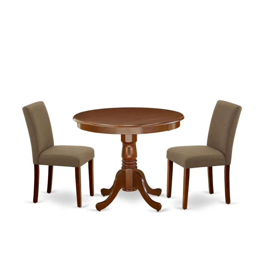 ANAB3MAH18 3 Piece Modern Dining Table Set Contains a Round Kitchen Table with Pedestal and 2 Coffee Linen Fabric Parson Dining