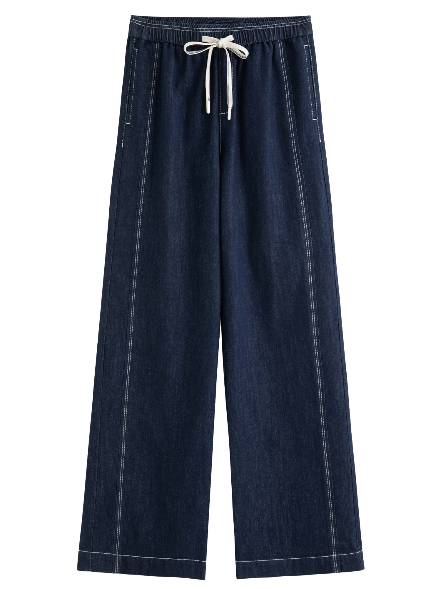 DUSHU 2026 Spring Women's Contrast Topstitching Straight Leg Jeans, Elastic Drawstring Waist Casual Pants for Y2K Street Style