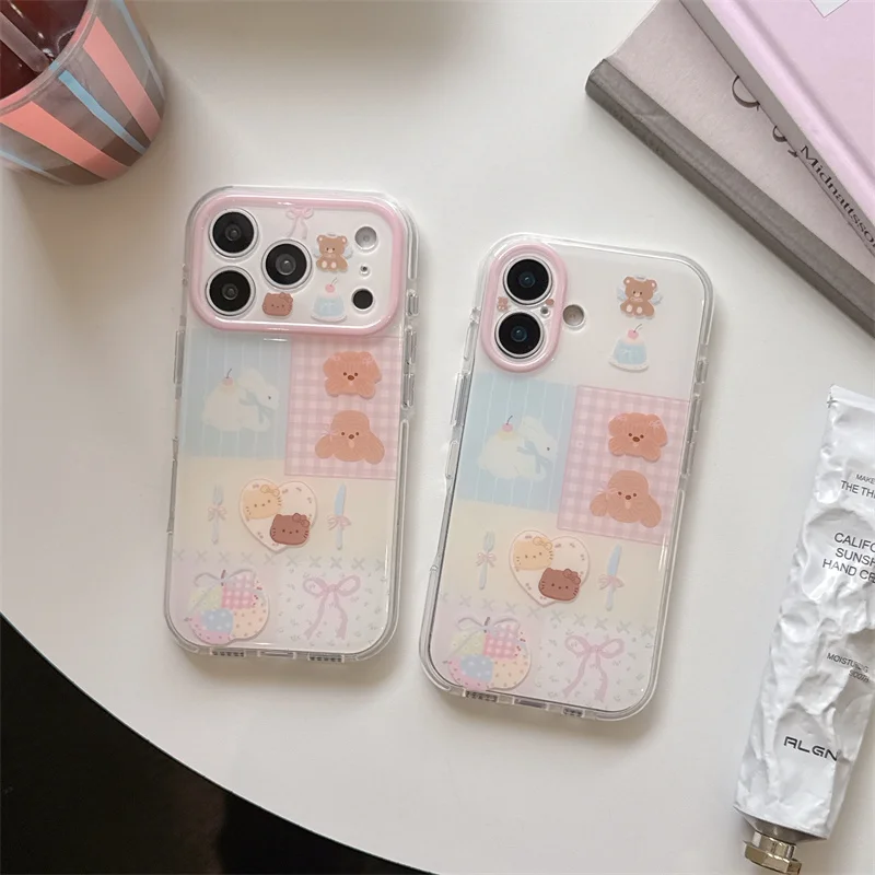 

Clear Cute Bear Dog Phone Case For iPhone 17 16 15 Pro Max Pink Bow Patchwork Soft TPU Cover Camera Lens Protection Shell Girls